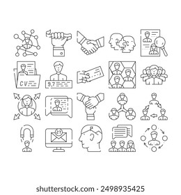 Networking Global Communication Icons Set Vector. People Networking Connection And Discussion, Cards Exchange And Direction Choice, Personal Rating And Team Work Contour Illustrations