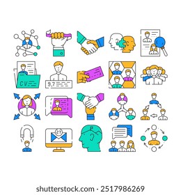 Networking Global Communication Icons Set Vector. Personas Conexión Y Discusión De Redes, Intercambio De Tarjetas Y Elección De Dirección, Calificación Personal Y Trabajo De Equipo Ilustraciones De Contorno