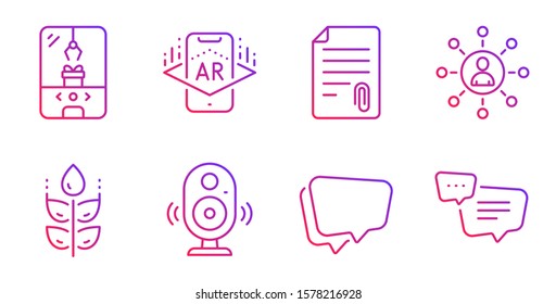 Networking, Gluten free and Speech bubble line icons set. Augmented reality, Attachment and Crane claw machine signs. Speaker, Text message symbols. Business communication, Bio ingredients. Vector