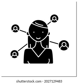 Networking glyph icon. Communication due internet. Exchange messages between people. Strong woman concept. Filled flat sign. Isolated silhouette vector illustration