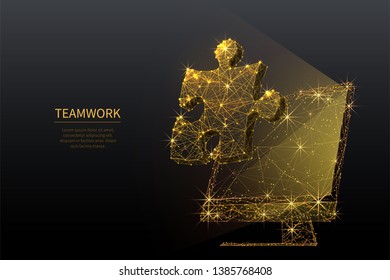 Networking. Gold teamwork concept on computer monitor screen. Vector low poly wireframe puzzle in the form of starry sky or space, consisting of points, lines, and shapes in the form of stars. 
