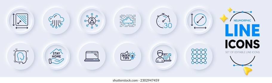 Networking, Head and Laptop line icons for web app. Pack of Circle area, Stay home, Timer pictogram icons. Education idea, Cloud storage, Density signs. Cloud system, Success business. Vector