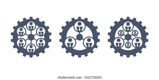 Networking icon in 3 variations with people icons connected to each other inside gear (cogwheel) - isolated vectoer emplem for logo, app and infographics