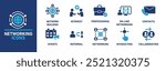 Networking icon collection. Network building, interest, professional, online, networking, contacts, related. Vector solid collection of icons.