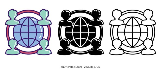 Networking icon represented by globe, some profile avatar Line, Filled, Color style.