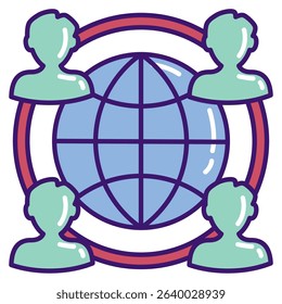 Networking icon represented by globe, some profile avatar Lineal Color style.
