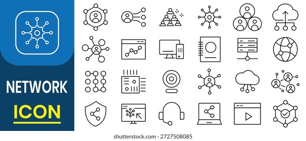 Conjunto de iconos de red. Conjunto de 24 iconos de esquema relacionados con la red, Internet, servidor, computación en la nube, dispositivo, conexión global inalámbrica digital, base de datos, comunicación, servidor y más. 