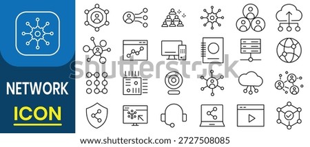 Networking icon set. Set of 24 outline icons related to network, internet, server, cloud computing, device, digital, wireless global connection, database, communication, server and more. 