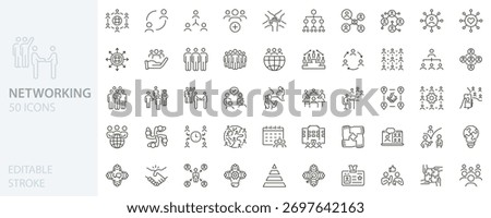 Networking icon set. Collaboration, communication, connection, business relations, community, social network, relationship. Thin line editable stroke vector outline illustrations.