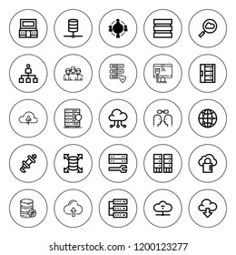 Networking icon set. collection of 25 outline networking icons with cloud computing, connect, database, hierarchical structure, hub, network, server icons. editable icons.