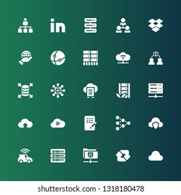 networking icon set. Collection of 25 filled networking icons included Cloud computing, Retweet, Server, Database, Connection, Network, Cloud data, Networking, Dropbox, Hierarchical structure