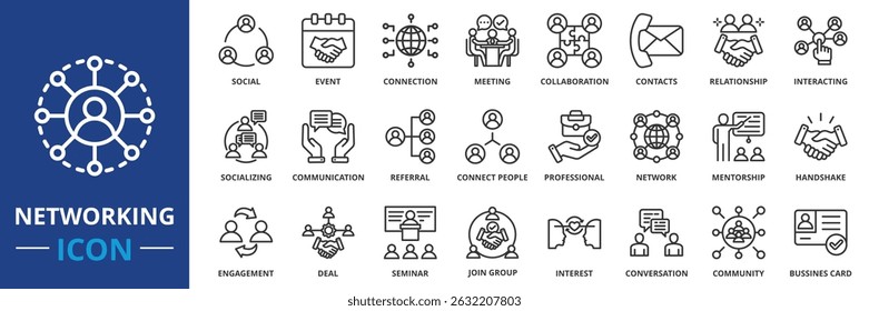 networking icon set collection in outline style. an icon pack contain social, event, connection, meeting, collaboration, contact, relationship, interacting, socializing, communication