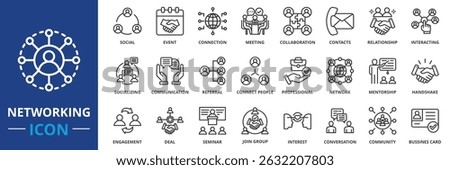 networking icon set collection in outline style. an icon pack contain social, event, connection, meeting, collaboration, contact, relationship, interacting, socializing, communication