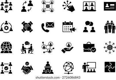 Conjunto de ícones de rede. Símbolo de comunidade e relacionamento. Contendo rede, relacionamentos humanos, seminário, social, conexão, reunião, colaboração, contato e muito mais. Ilustração vetorial.