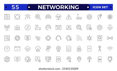 Conjunto de iconos de red. Conexiones, relaciones, redes en línea, comunidad, eventos e íconos de redes sociales. computadora, red, Sitio web, servidor, Diseño web, hardware, software y programación.

