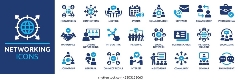Networking icon set. Containing network, community, connections, relationship, online networking and social network icons. Solid icon collection. Vector illustration.