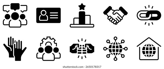 Networking Icon Set Solid Style Collection representing digital connections and data exchange suitable for IT infrastructure communication systems and professional collaboration platforms