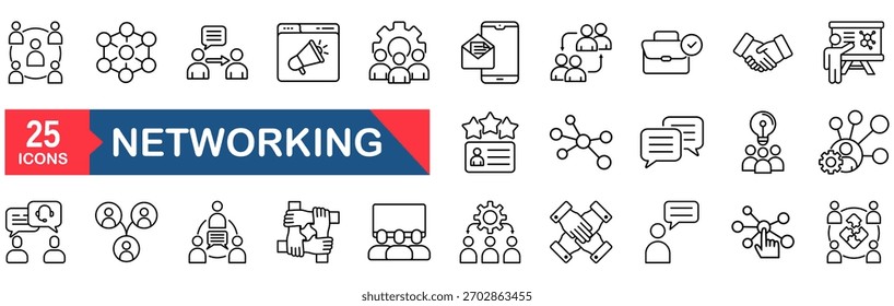 Conjunto de ícones de rede. conjunto de ícones conceito de ilustração vetorial para rede, relacionamentos humanos, seminário, social, conexão, comunidade, reunião