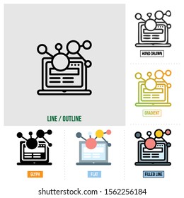  networking icon in six different styles, based on outline style, seo icon set, vector