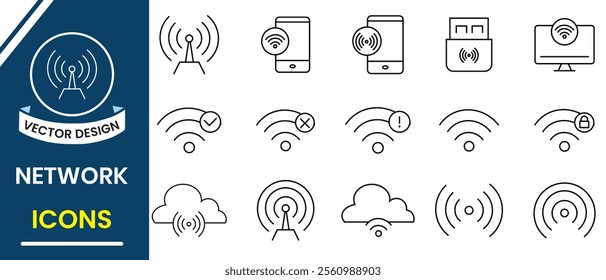 Networking icon, vector set design for web, app. Network and Internet line icon set. Internet, communication, technology, network, website, server, web design. Vector illustration.