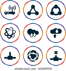 Networking icons set. set of 9 networking filled icons such as router, connection, cloud download upload, network connection