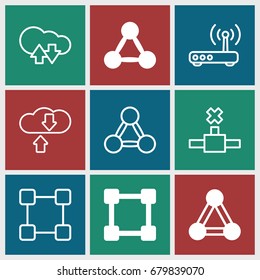Networking icons set. set of 9 networking filled and outline icons such as connection, router, cloud download upload, network connection