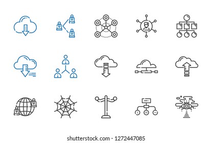 networking icons set. Collection of networking with cloud computing, hierarchical structure, rack, spider web, network, server, sitemap. Editable and scalable networking icons.