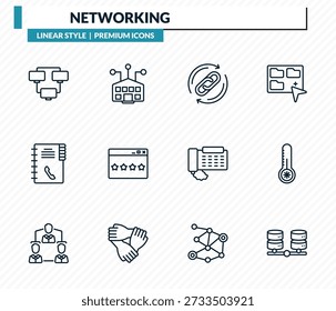 Netzwerk-Symbole - kontinuierliche Linie, Schulnetzwerk, Backlink, niedrige Temperatur, Balancing Data Outline Vektorsammlung.