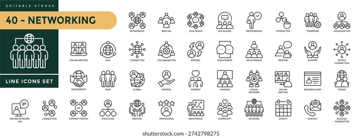 Networking icons set with editable stroke, including social network,  connections, network, online networking, community, events, relationship . Thin linear vector illustration.