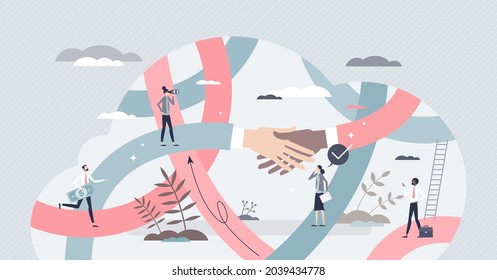 Networking as information exchange for common business tiny person concept. Community with contact interaction, support, help and partnership for work tasks vector illustration. Together in teamwork.