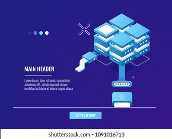Networking, internet connection, server room rack, data center, cloud storage, file share isometric vector