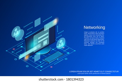 Networking, internet, social media flat 3d isometric vector concept illustration