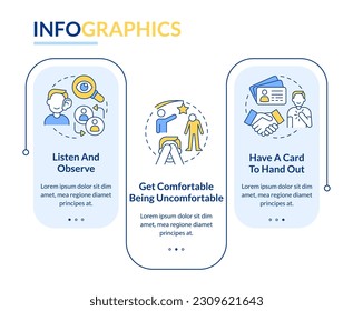 Networking for introverts rectangle infographic template. Combat shyness. Data visualization with 3 steps. Editable timeline info chart. Workflow layout with line icons. Lato Bold, Regular fonts used