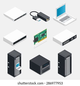 Networking isometric detailed icons set vector graphic illustration