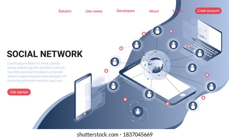 Networking, laptop, smartphone with communication. Conceptual isometric vector illustration for web and graphic design.