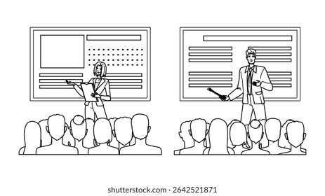 networking leader conference vector. innovation strategy, vision empowerment, collaboration motivation networking leader conference character. people black line pencil drawing illustration