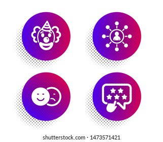 Networking, Like and Clown icons simple set. Halftone dots button. Ranking star sign. Business communication, Social media dislike, Funny performance. Click rank. People set. Vector
