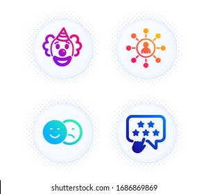 Juego simple de iconos de red, como y Payaso. Botón con puntos de tono medio. Signo de estrella de clasificación. Comunicación de negocios, desagrado a los medios sociales, desempeño divertido. Haga clic en Rango. La gente se puso. Vector