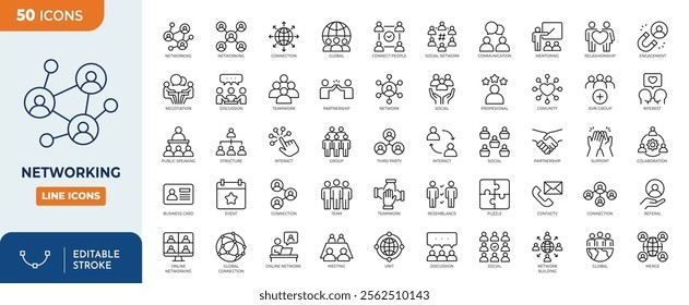 Networking line editable icon set. Containing network, connections, relationship, online networking, community, events, social network and more. vector illustration