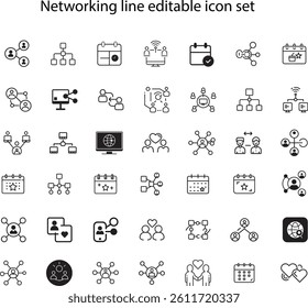 Networking line editable icon set. Containing network, connections, relationship, online networking, community, events, social network and more. vector illustration 
