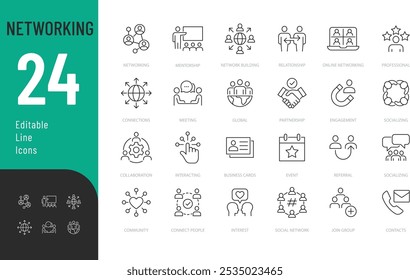 Linha de rede Conjunto de ícones editáveis. Ilustração vetorial em estilo de linha fina moderna de ícones relacionados a negócios: conexão, comunidade, relacionamento e muito mais. Pictogramas e infográficos para aplicativos móveis