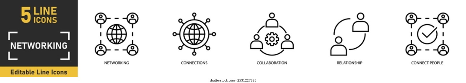 Networking line icon set. Set of 5 outline icons related to networking, connections, collaboration, relationship, connect people and more. Vector illustration.