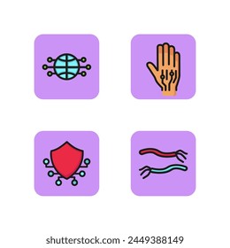 Networking line icon set. Shield with network, wires, robotic hand, worldwide network. Information technology concept. Can be used for topics like  artificial intelligence, cyberspace