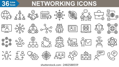 Conjunto de iconos de línea de red. router, switch, servidor, módem, señal Wi-Fi, cable de red, firewall y red de nube. Ilustración vectorial 
