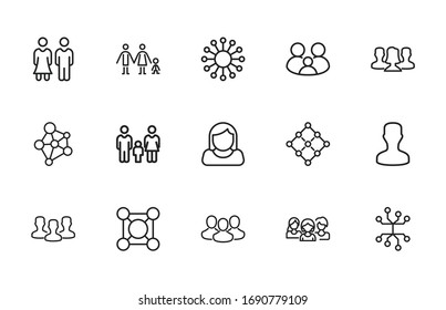 conjunto de iconos de línea de red. Elementos vectoriales de trazo para el diseño moderno. Pictogramas simples para concepto móvil y aplicaciones web. Iconos de línea de vectores aislados en un fondo blanco. 