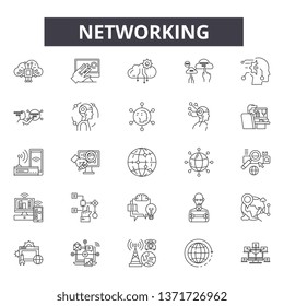 Networking line icons, signs set, vector. Networking outline concept, illustration: connection,network,internet,communication,social,media,global
