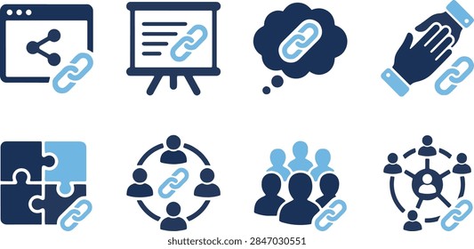 Networking and Link Building vector icon set, editable flat line icons collection