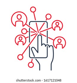 Networking logo - internet share with friends icon - hand touching smartphone screen with user avatars around - isolated thin line vector emblem