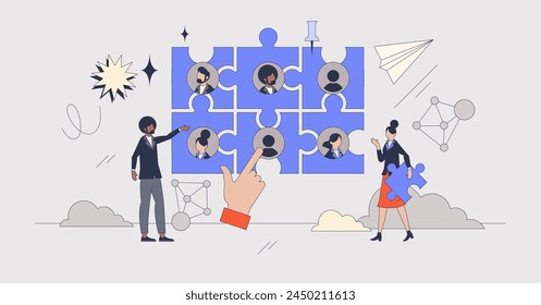 Networking as making business connections neubrutalism tiny person concept. Corporate relationship strategy with effective communication and productive employee work structure vector illustration.