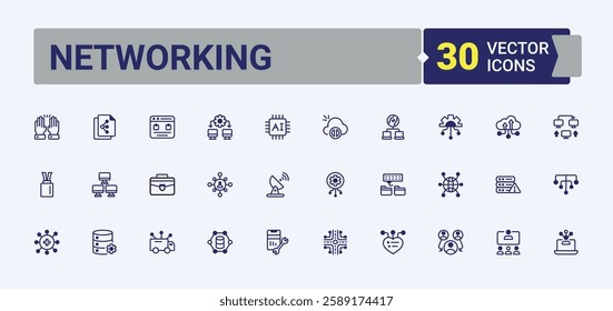 Networking minimal icon set. Pack of tech, technology, collaboration, group, network, digital, meeting, internet. Minimal linear icons. Solid line editable stroke.